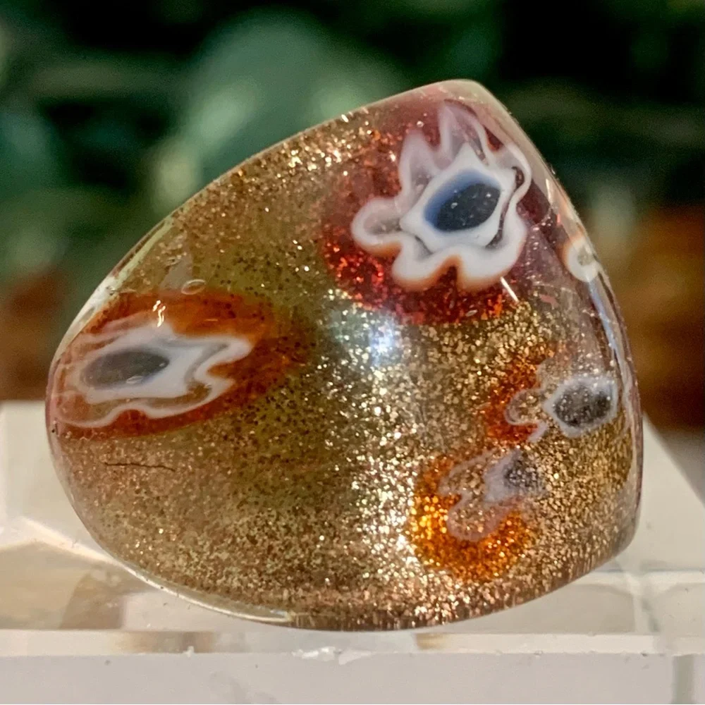 Vintage Murano Style Solid Glass Hand Blown Red Gold Millefiori Dome Ring Size 7